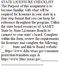 State Licensure Checklist Assignment